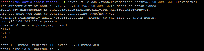V příkazu se připojujete na nový server, kde vyberete i cílovou destinaci. V tomto případě se složka převede do /root/rsyncdemo1.