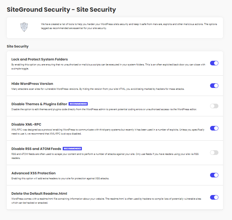 Ukázka panelu nastavení pluginu SiteGround Security
