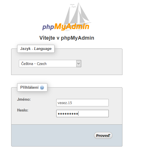 Přihlašovací formulář do phpMyAdmin