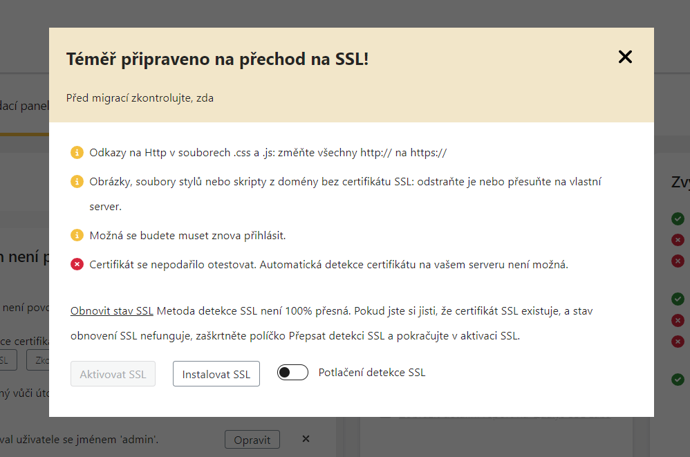 Potvrzovací okno před migrací pro přechod na SSL
