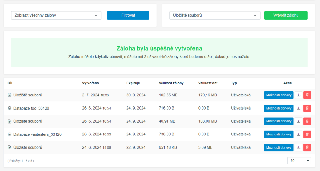 Ukázka úložiště záloh v Zákaznickém Centru